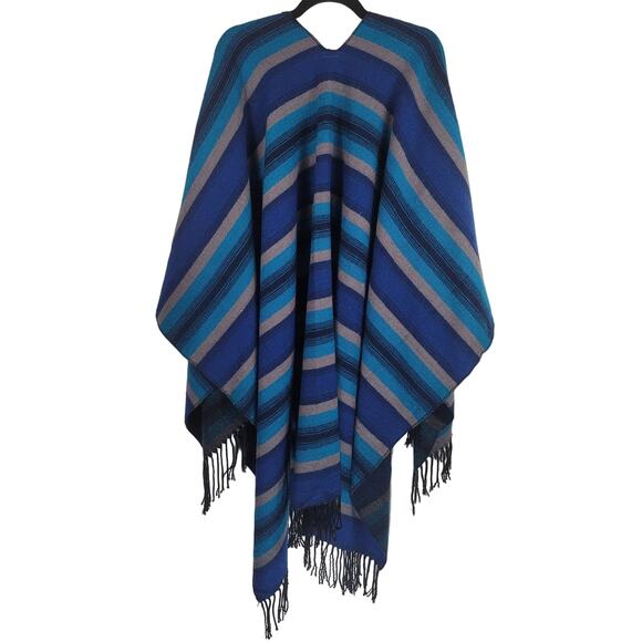 29 Palms Blue Turquoise Gray Black Stripped Poncho OSFM - Picture 2 of 5